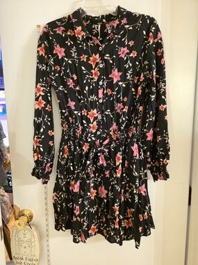 Free People Black Floral Button-Front Mini Dress with Pink Blooms